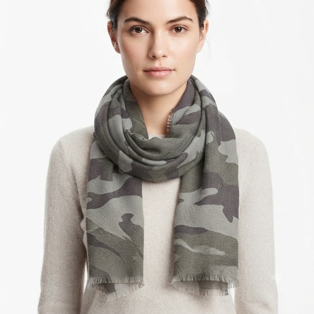 Express Scarf Womens Camouflage Green Grey Frayed Fringe Lightweight Wrap OS